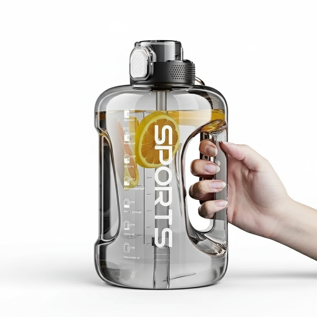 Black sports water bottle with measurement markings and a hand holding it, on a gray background.