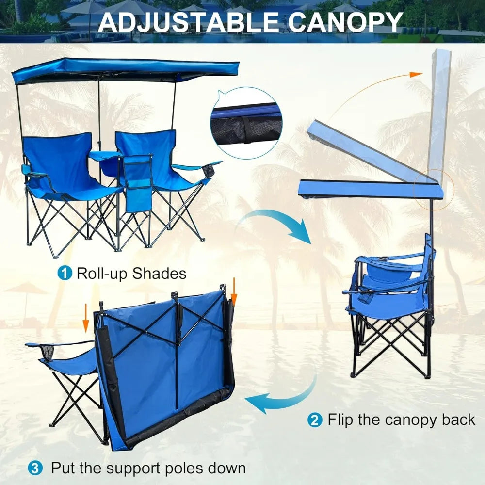 Double Camping Chair with Canopy & Cup Holders