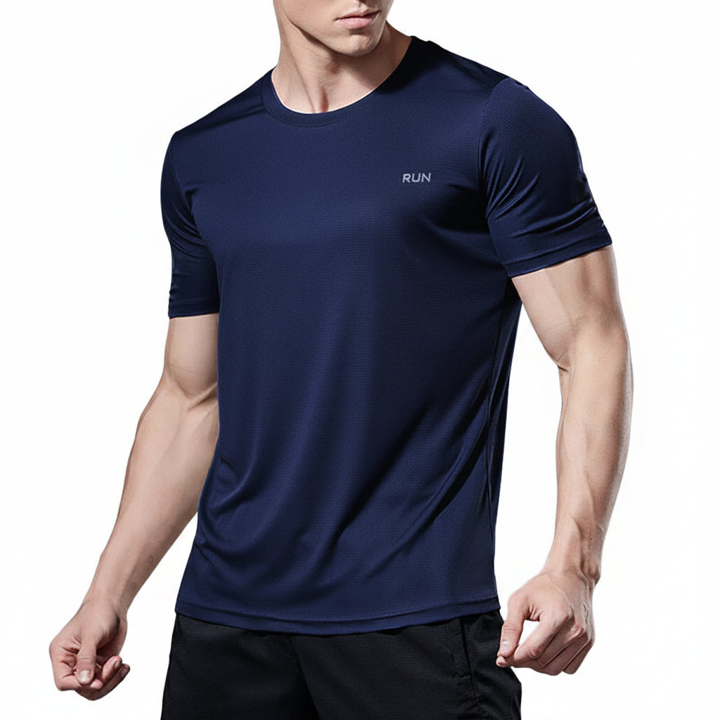 Man wearing a navy blue athletic shirt with 'RUN' logo on a gray background