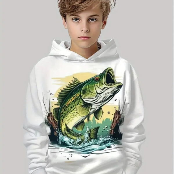 Boys' Fishing Print Hoodie: Loose Casual Sweatshirt