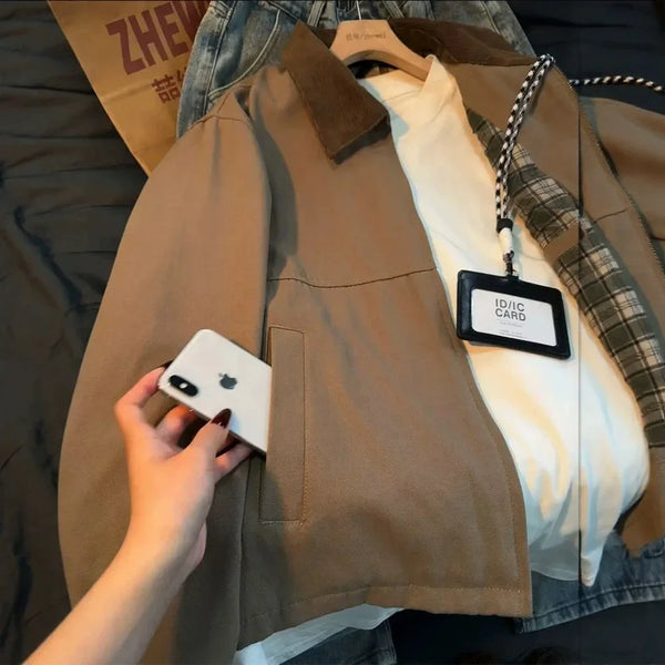 Vintage Men’s Autumn Workwear Jacket Retro Turn-Down Collar