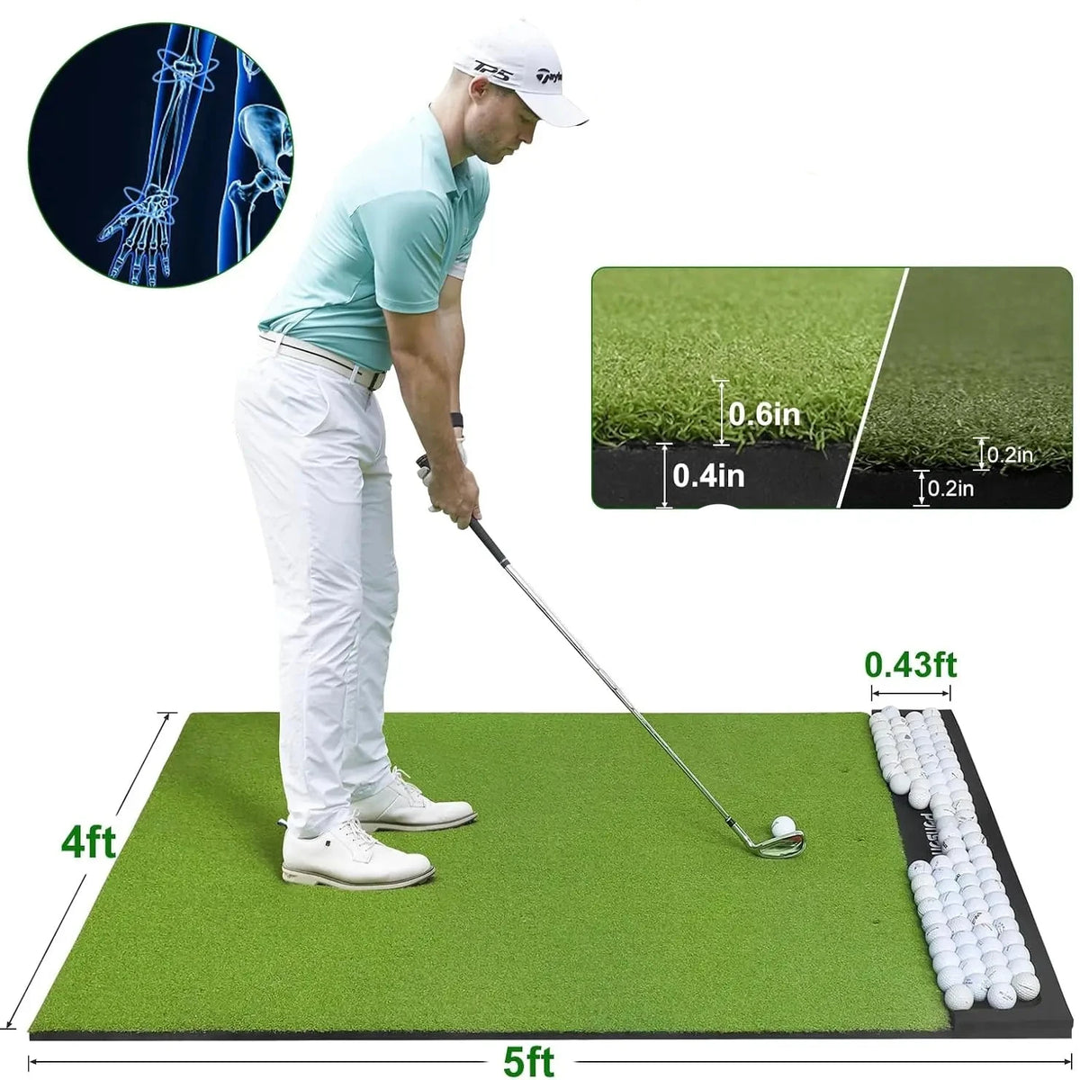 5x4ft Thick Golf Practice Mat with Ball Tray & Tees