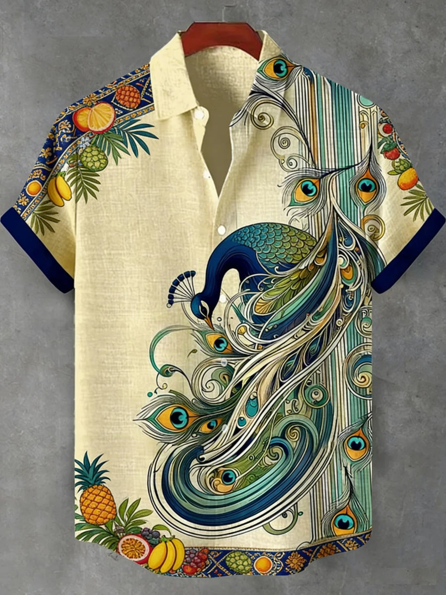 Ethnic Linen Short-Sleeve Peacock Shirt for Men