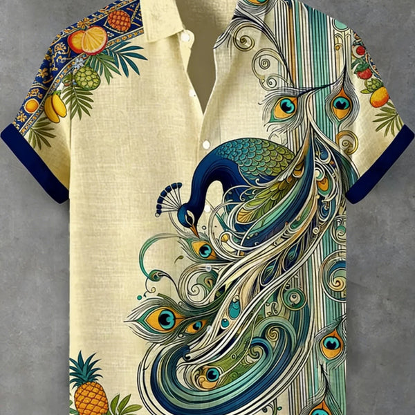 Ethnic Linen Short-Sleeve Peacock Shirt for Men