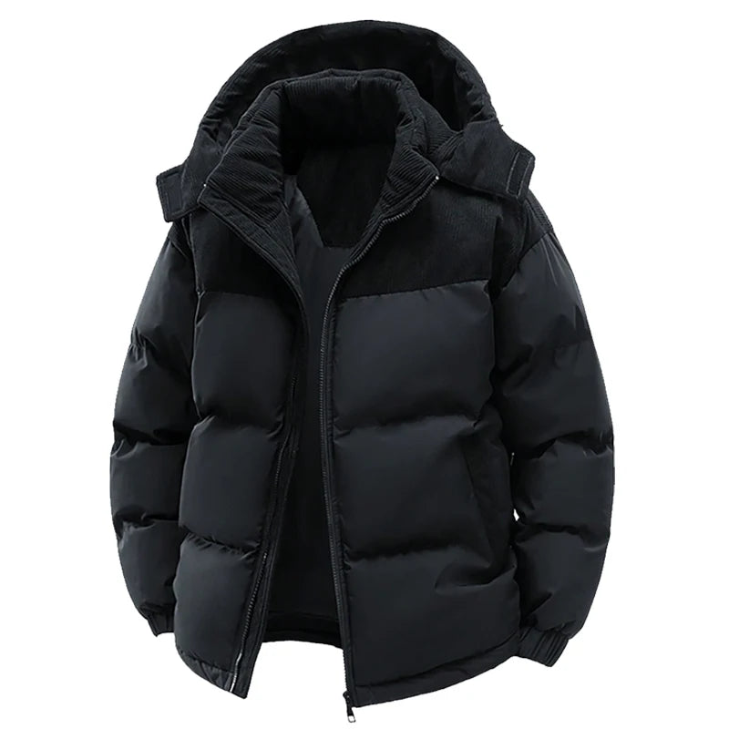 Black puffer jacket with a hood on a white background