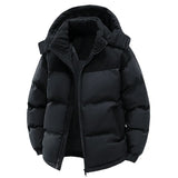 Black puffer jacket with a hood on a white background