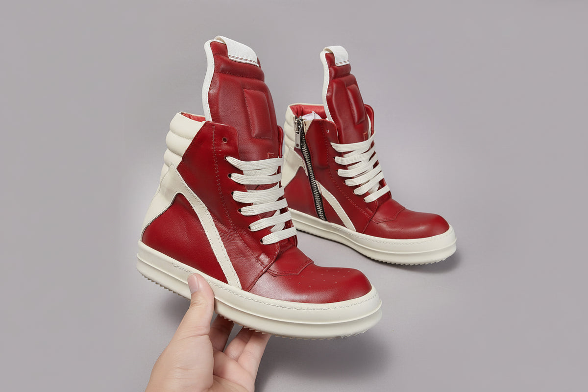 High-Top Leather Sneakers: Quality Red Ankle Boots & Thick-Sole Casual Shoes