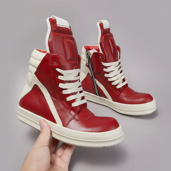 High-Top Leather Sneakers: Quality Red Ankle Boots & Thick-Sole Casual Shoes