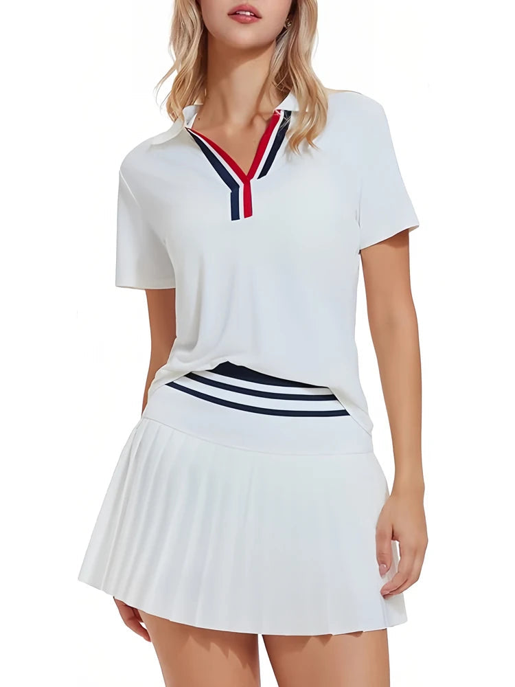VITALINOVO Women 2 Pieces Athletic Skirt Set Outfits V Neck Polo Shirts High Waisted Pleated Tennis Skirts Golf Pickball Dress 24 Hour Sport