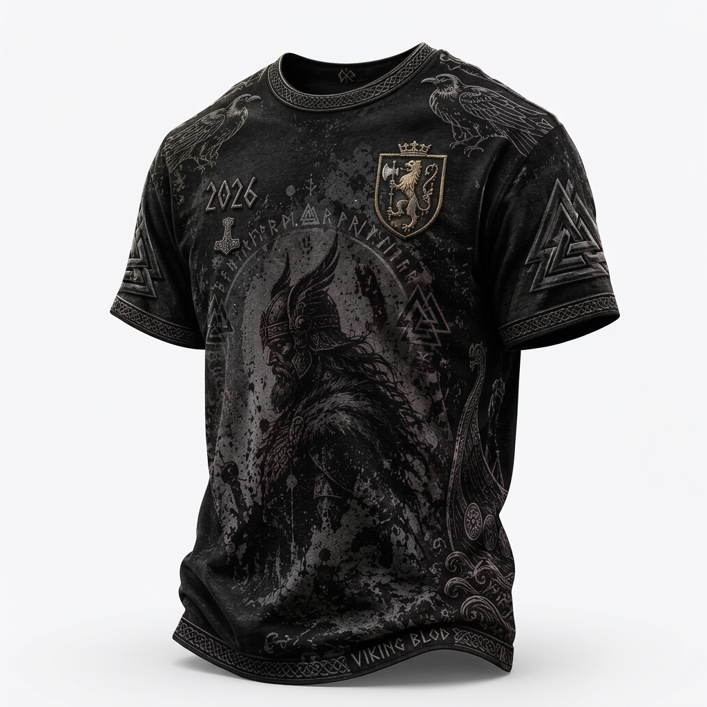 A black short-sleeve t-shirt with a detailed Norse-themed graphic print featuring a Viking warrior, raven illustrations, a shield crest, and text including '2026' and 'VIKING BLOOD'.