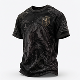 A black short-sleeve t-shirt with a detailed Norse-themed graphic print featuring a Viking warrior, raven illustrations, a shield crest, and text including '2026' and 'VIKING BLOOD'.