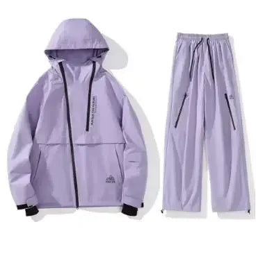 Light purple tracksuit with hood and zippers on a white background