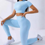 Yoga Set 2 Pieces Women Tracksuits Workout Sportswear Gym Clothing Fitness Short Sleeves Long Leggings Suits 24 Hour Sport