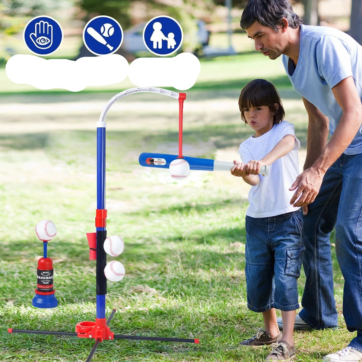 3-in-1 Adjustable Height Kids Baseball Set with Auto Launcher