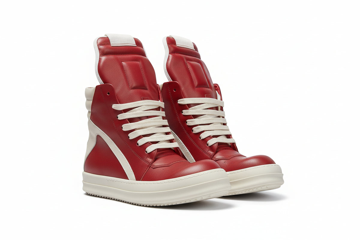 Red high-top sneakers with white laces on a gray background, branded 'Alice Shoe'.