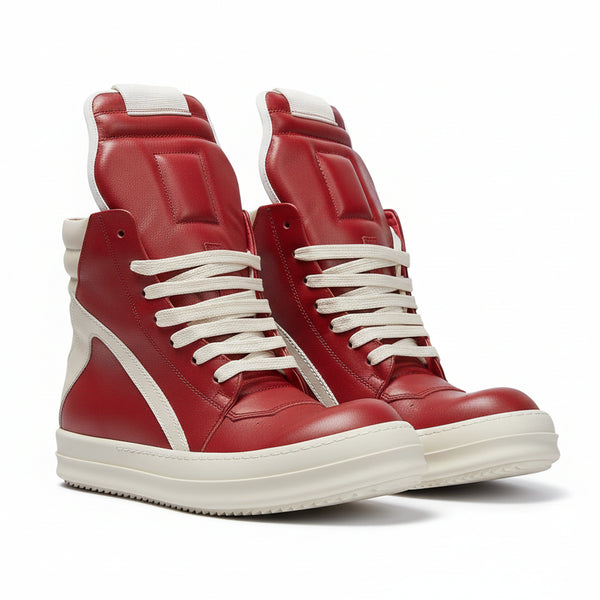 Red high-top sneakers with white laces on a gray background, branded 'Alice Shoe'.