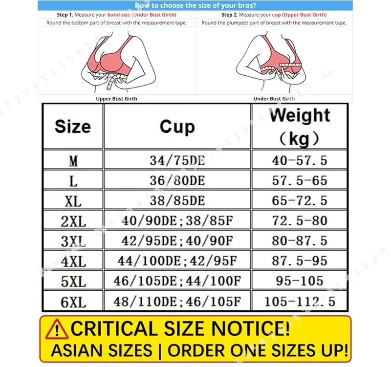 A size chart and guide for choosing breast size from Fall Sweet, featuring diagrams of upper and under bust measurements, a size table from M to 6XL with cup and weight columns, and a yellow warning notice for Asian sizes.