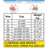 A size chart and guide for choosing breast size from Fall Sweet, featuring diagrams of upper and under bust measurements, a size table from M to 6XL with cup and weight columns, and a yellow warning notice for Asian sizes.