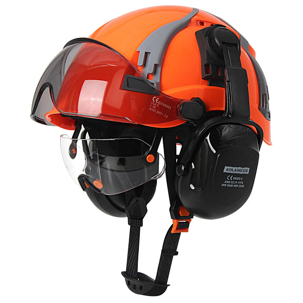 Carbon Fiber Vented Safety Helmet with Earmuffs & Goggles