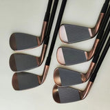 Set of golf clubs with rose gold shafts on a light background