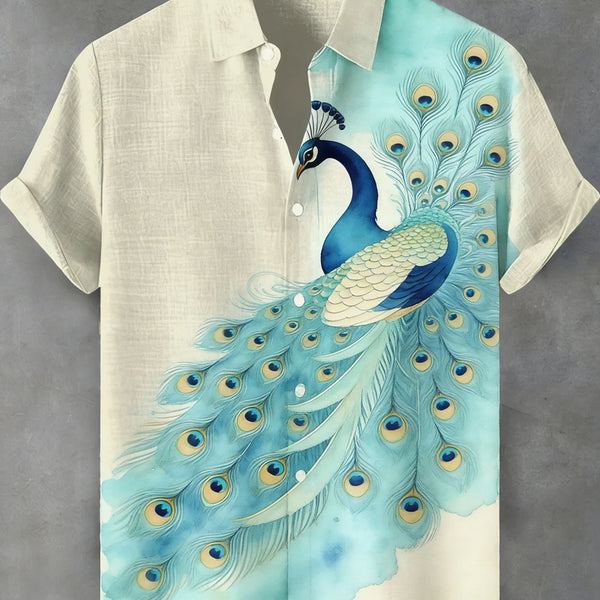 Ethnic Linen Short-Sleeve Peacock Shirt for Men