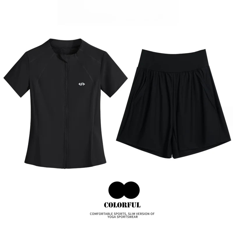 DRUR Short Sleeve Tracksuit Set for Women With Sport Jackets and Shorts with Pockets 2 Piece Running Gym Outfit Summer Yoga Suit 24 Hour Sport