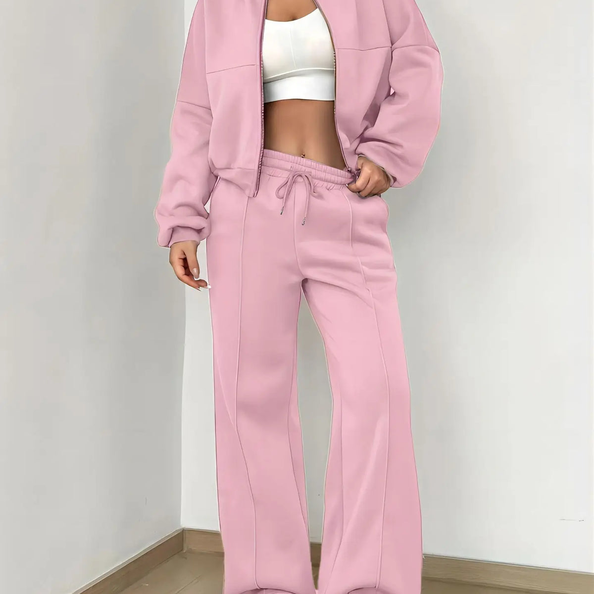 Ladies Polyester Suit Set: Slimming Two-Piece with Long Pants & Jacket