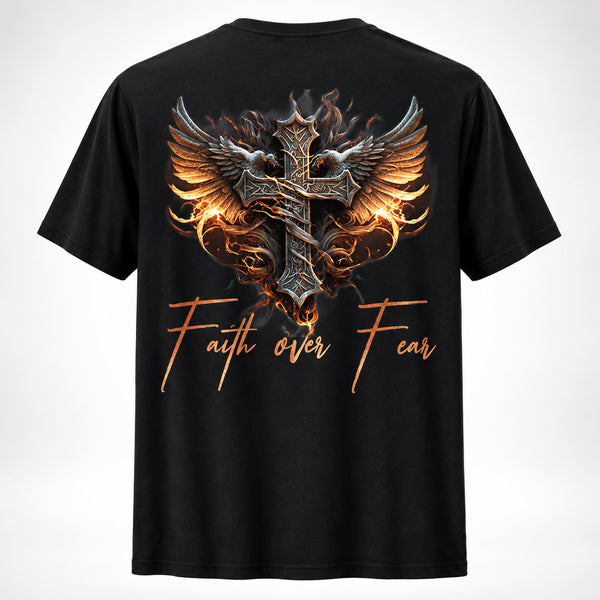 Black Cotton Graphic Fiery Eagle & Ornate Cross Tee