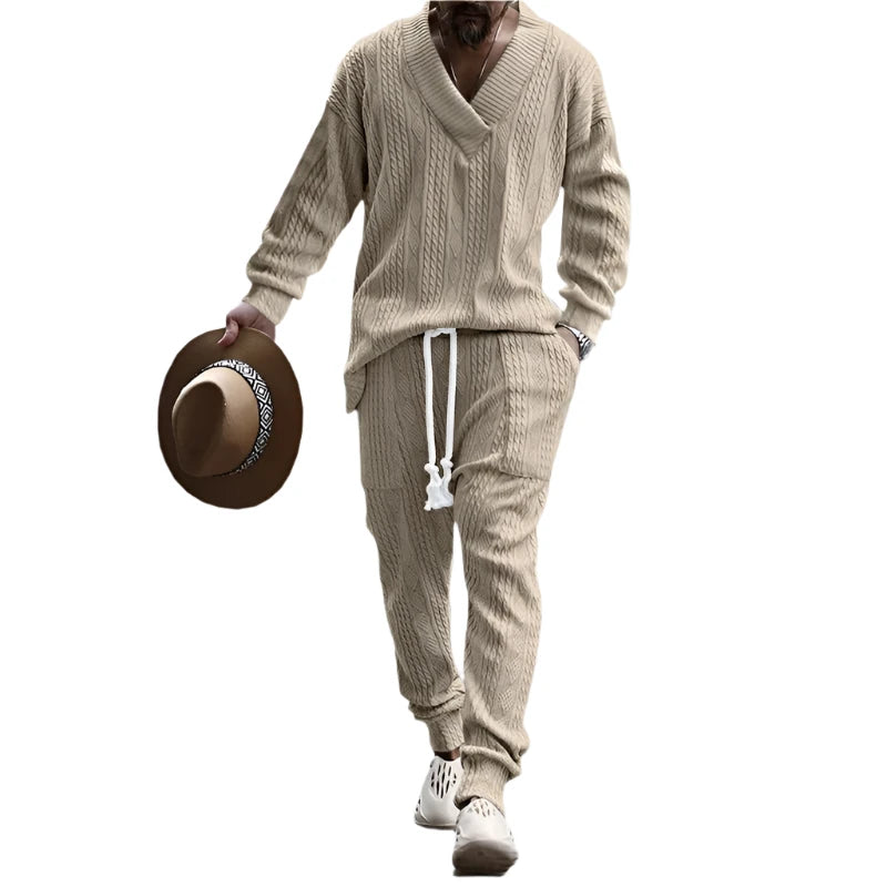 Men's Jacquard Knit Beach Set with V-Neck Top
