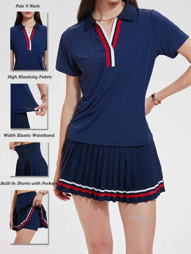 VITALINOVO Women 2 Pieces Athletic Skirt Set Outfits V Neck Polo Shirts High Waisted Pleated Tennis Skirts Golf Pickball Dress 24 Hour Sport