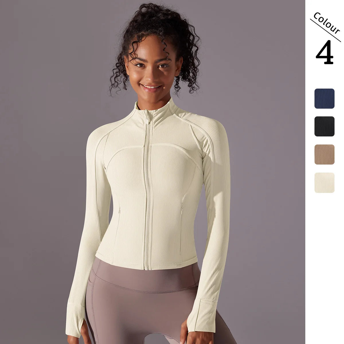 Stand-Up Collar, Long-Sleeve Yoga Coat with Zipper