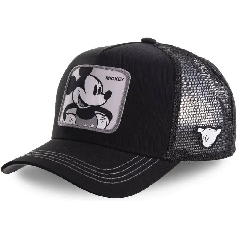 Black trucker cap with Mickey Mouse patch on a white background