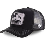 Black trucker cap with Mickey Mouse patch on a white background