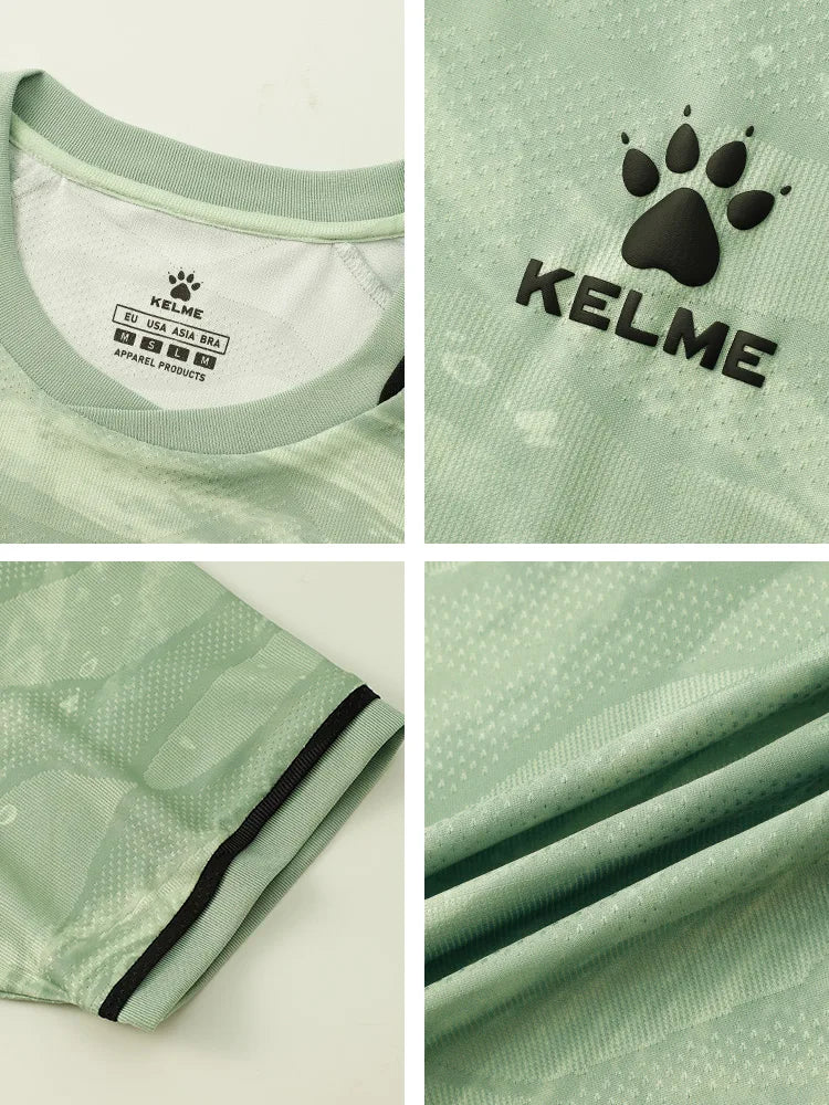 A four-panel close-up collage of a light mint green soccer jersey by Kelme. The panels show the inner neck label, the black paw print and KELME logo on the chest, a folded sleeve with black trim, and the textured fabric.