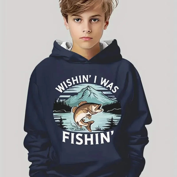 Boys' Fishing Print Hoodie: Loose Casual Sweatshirt