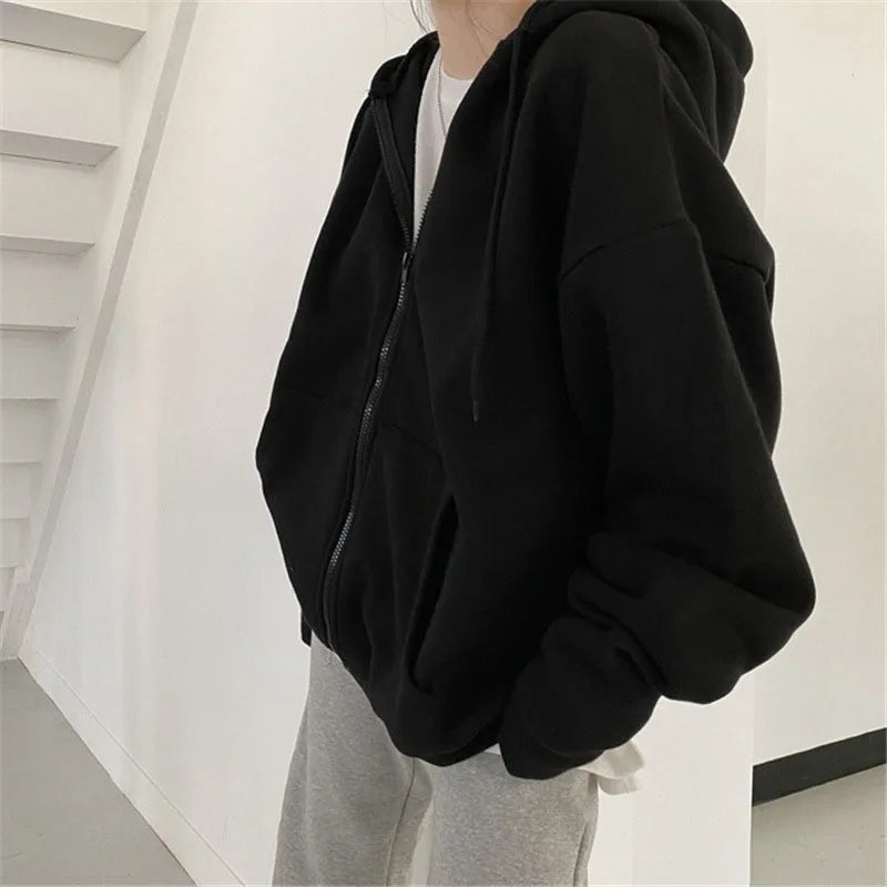 Retro Solid Color Zip-Up Hoodie Jacket