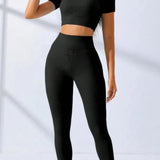 Yoga Set 2 Pieces Women Tracksuits Workout Sportswear Gym Clothing Fitness Short Sleeves Long Leggings Suits 24 Hour Sport