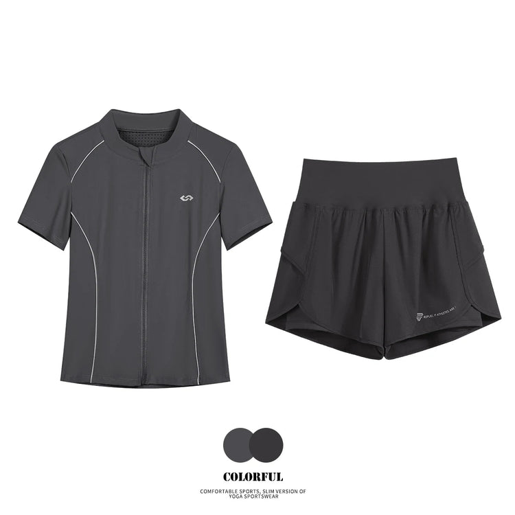 DRUR Breathable Gym Clothes for Women 2 Piece Summer Workout Sets Full Zip Sports Tops with Elastic Waist Shorts Active Wear New 24 Hour Sport