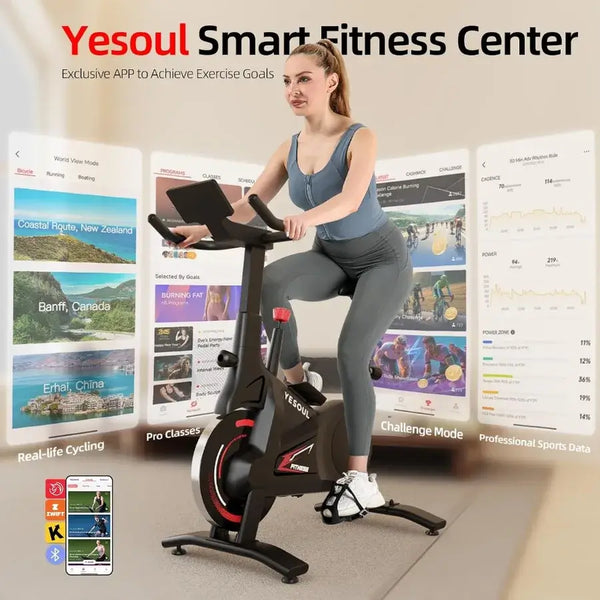 Woman using a stationary bike with Yesoul Smart Fitness Center branding and app interface.