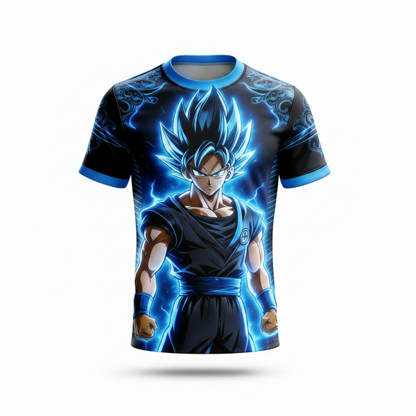 Front and back views of a black short-sleeve jersey with blue trim, featuring an all-over Goku Super Saiyan graphic on the front and 'GOKU 10' in blue on the back.