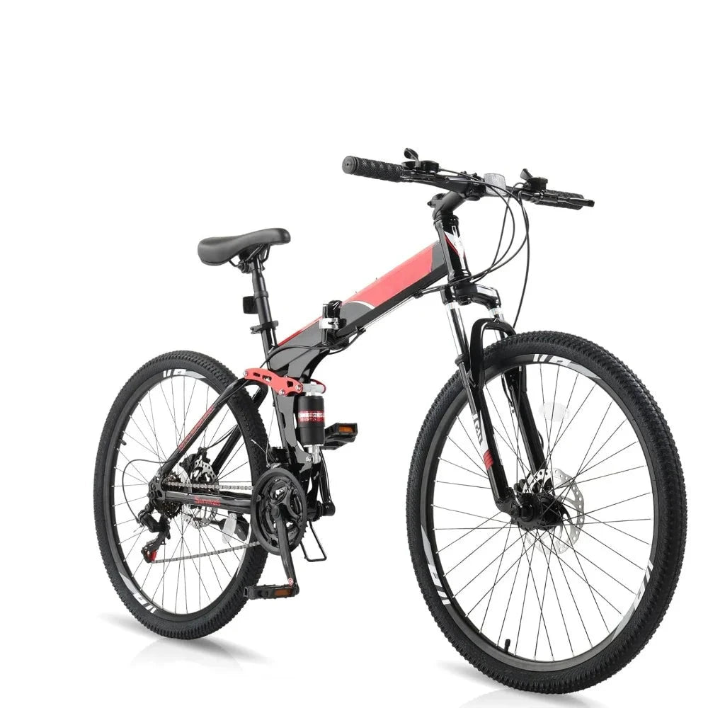 Portable 21-Speed Mountain Bike with Disc Brakes and Suspension
