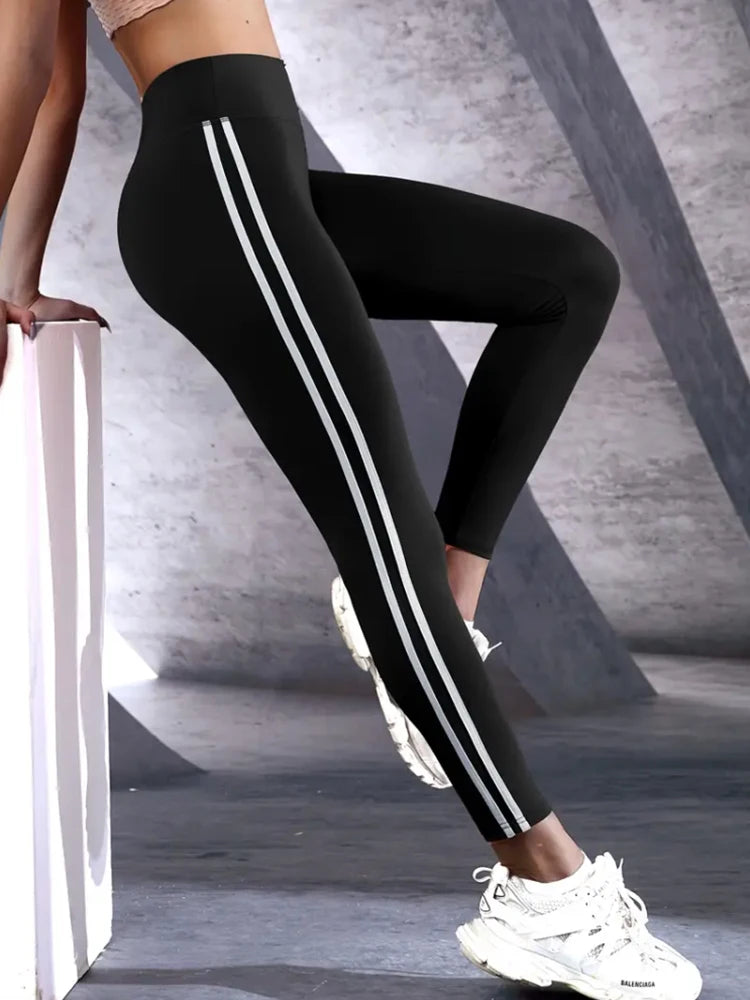 High-Waisted Slim Fit Leggings with Side Stripes for Women