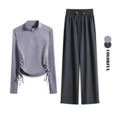 DRUR 2 Piece Yoga Set for Women With Long Sleeve Side Drawstring Sports Top And Sweatpants Suit Fall Running Gym Outfits S-3XL 24 Hour Sport