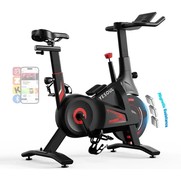 YESOUL exercise bike with smartphone app icons on a white background