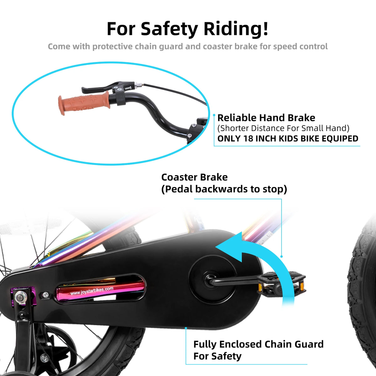 Children's bike with safety features highlighted on a white background