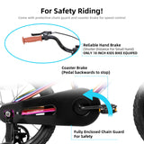 Children's bike with safety features highlighted on a white background
