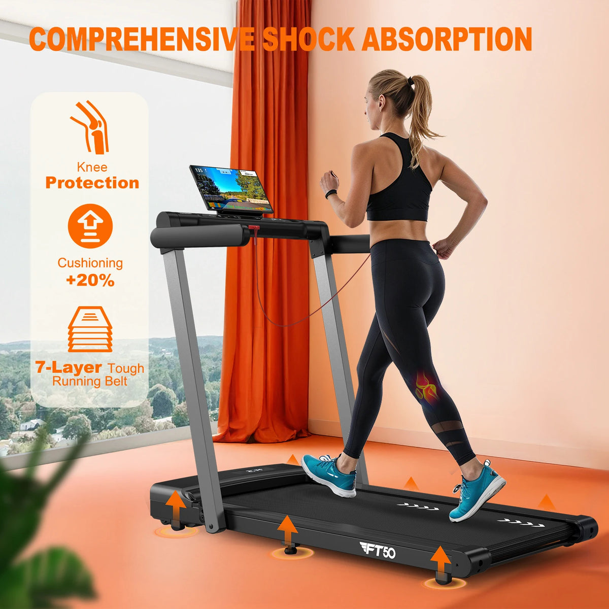 Woman running on a treadmill with shock absorption features highlighted