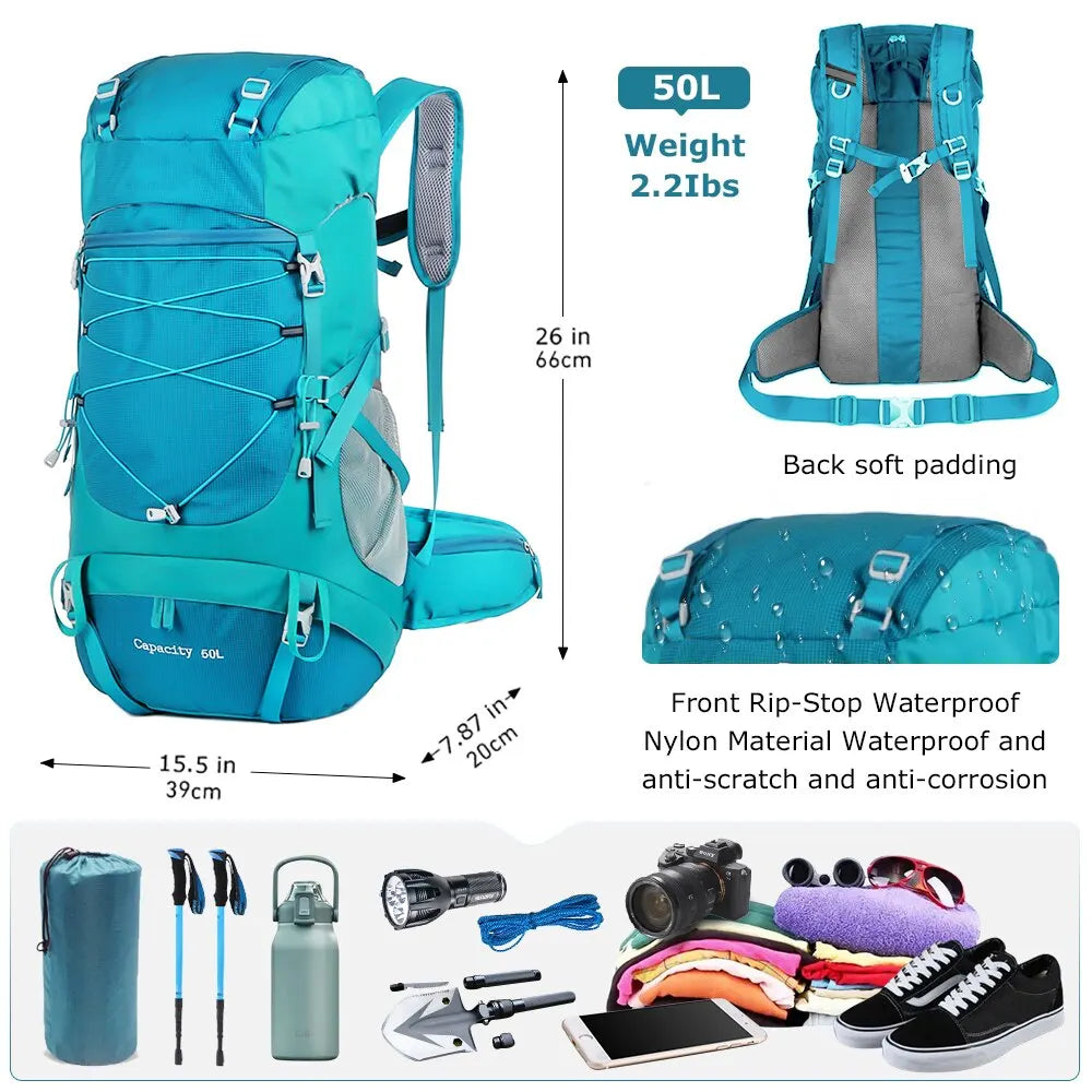 50L Hiking Backpack with Rain Cover  Bag Outdoor