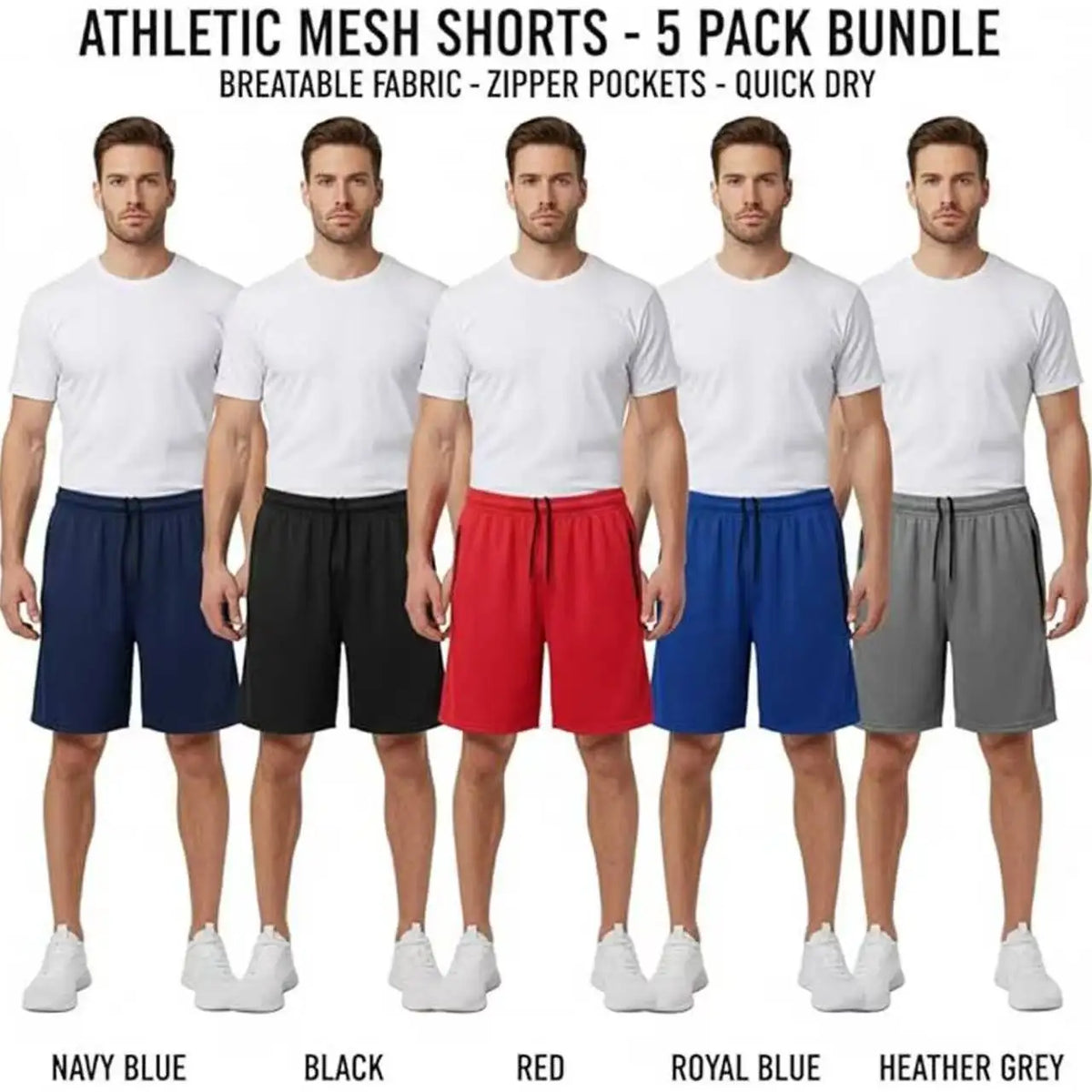 5-Pack Men's Mesh Athletic Shorts with Zipper Pockets Quick-Dry