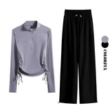 DRUR 2 Piece Yoga Set for Women With Long Sleeve Side Drawstring Sports Top And Sweatpants Suit Fall Running Gym Outfits S-3XL 24 Hour Sport